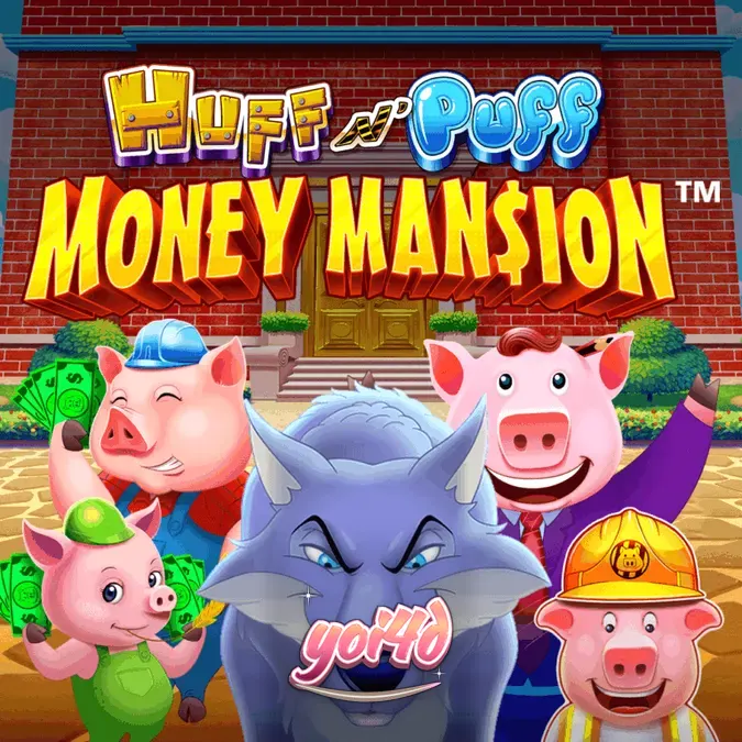 Tampilan visual slot Huff N Puff Money Mansion dengan karakter babi dan elemen konstruksi.